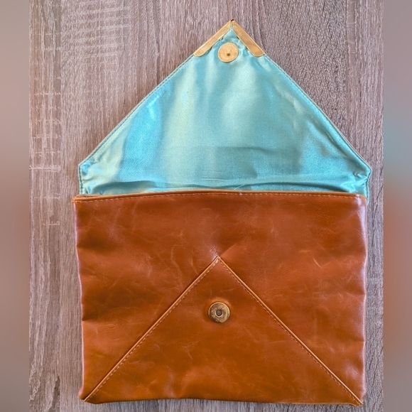 Vintage Nordstrom Faux Leather Envelope Clutch Purse Bag Cosmetic Camel Brown - Picture 3 of 5